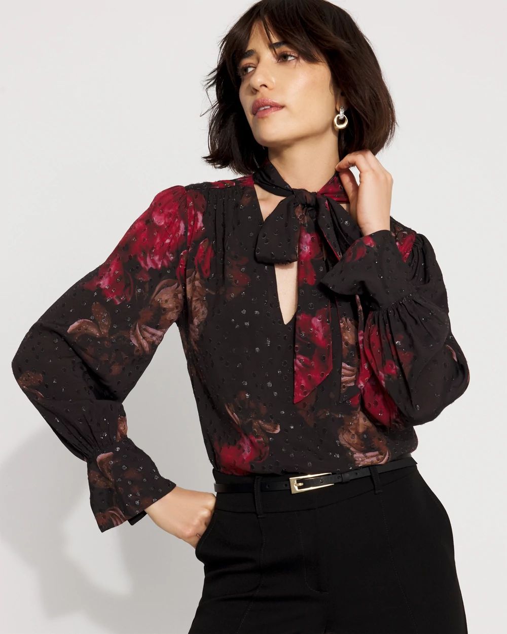 Petite Jacquard Tie-Neck Blouse