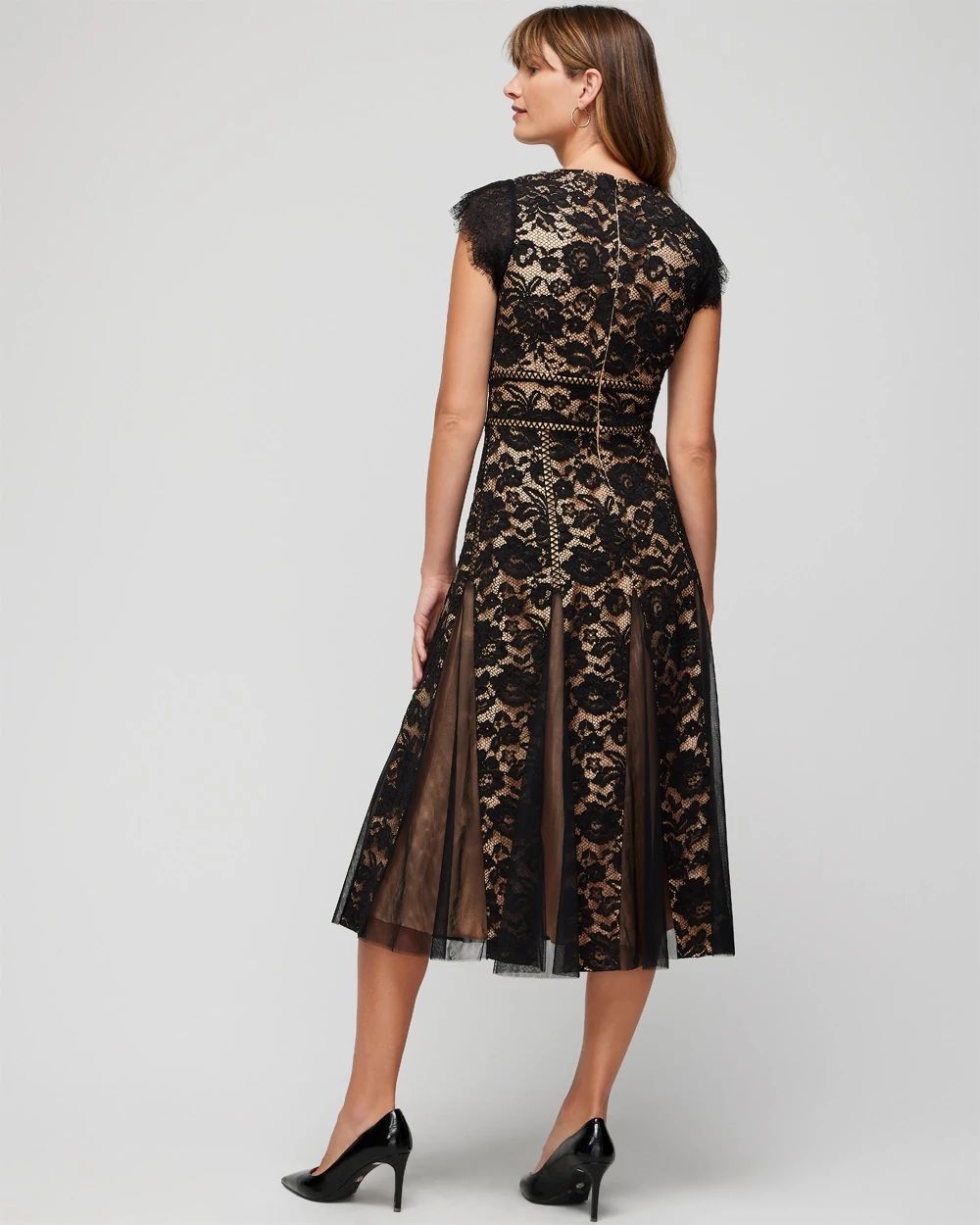 Cap Sleeve All Over Lace Godet Fit N Flare Dress