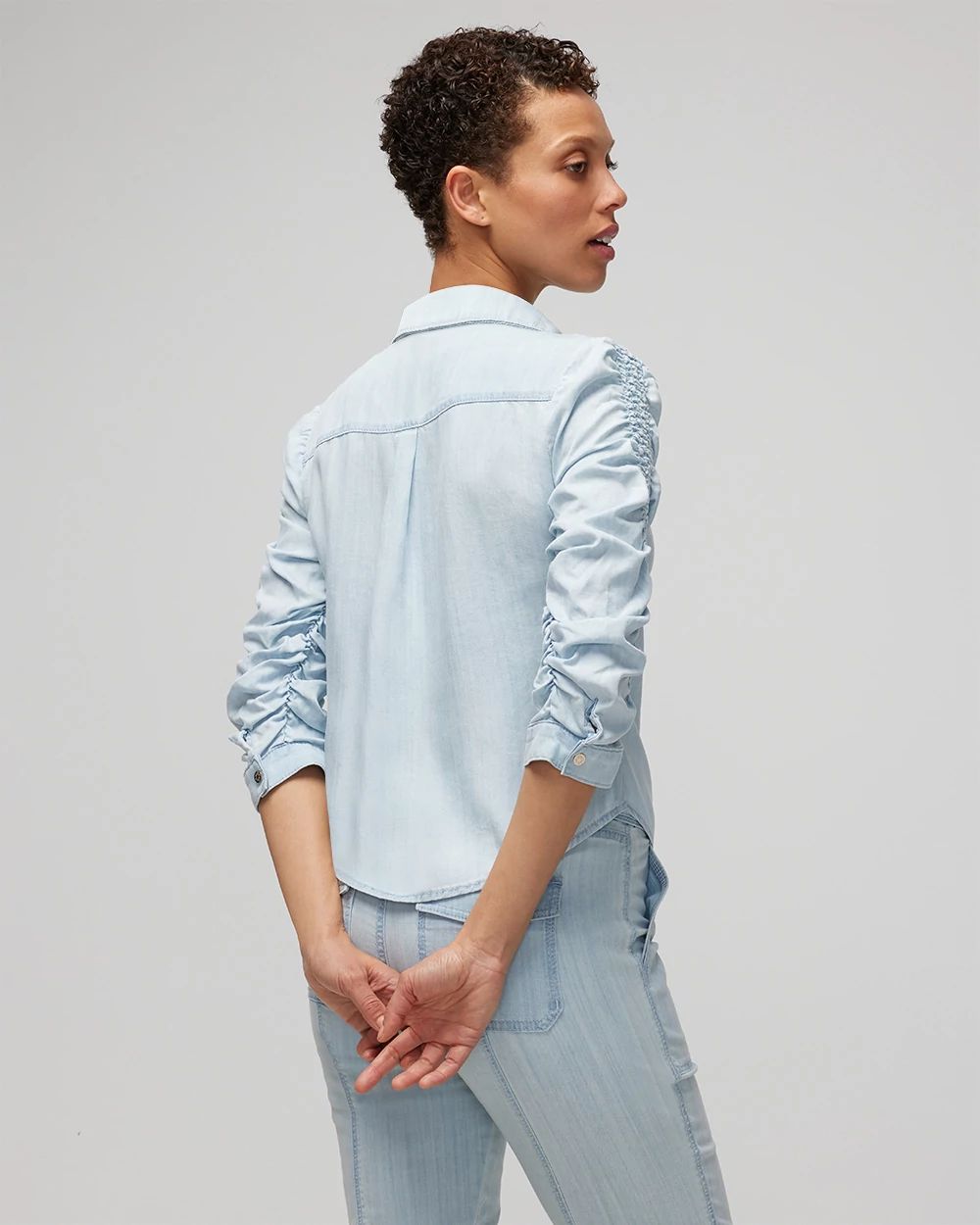 Smocked-Sleeve Denim Shirt