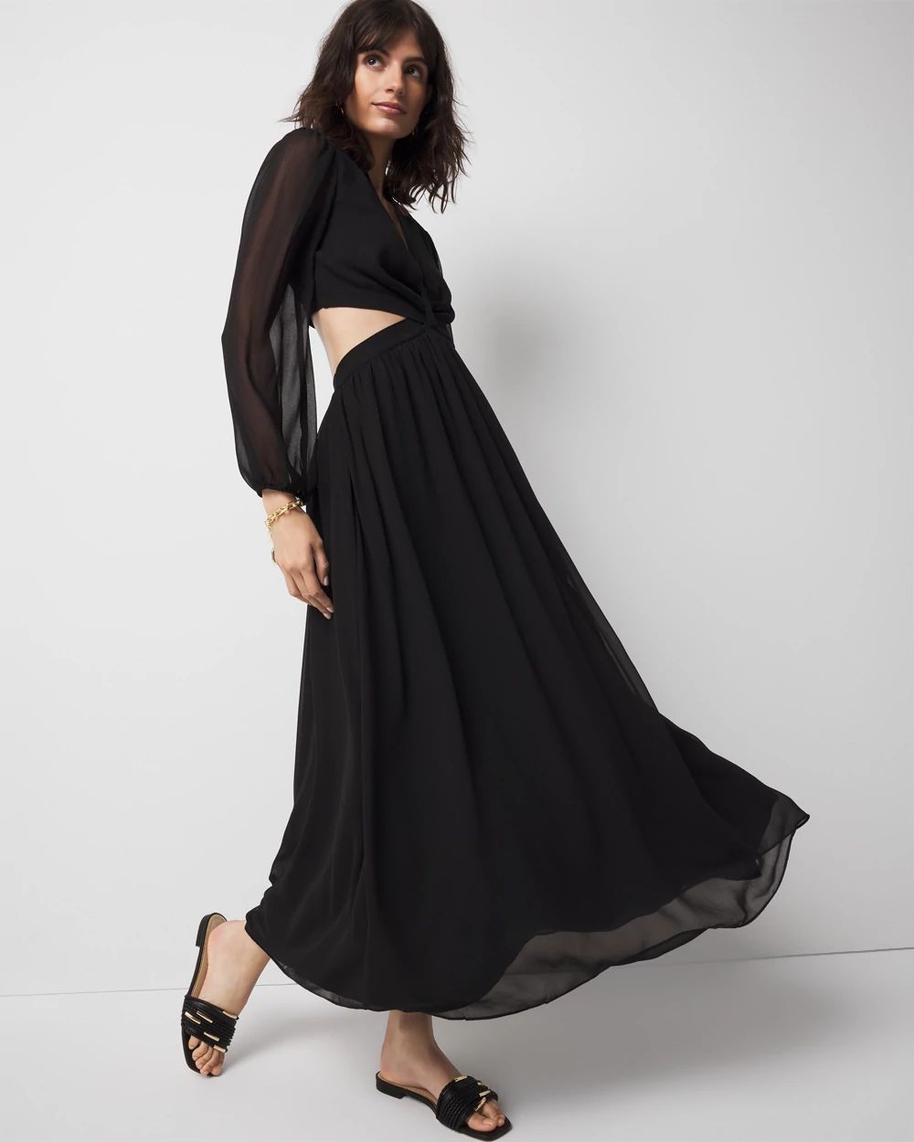 Long-Sleeve V-Neck Cutout Midi Dress