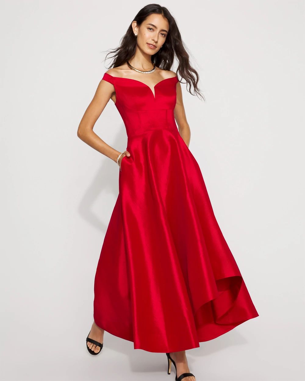 Petite Off-The-Shoulder Stretch Taffeta Midi Dress