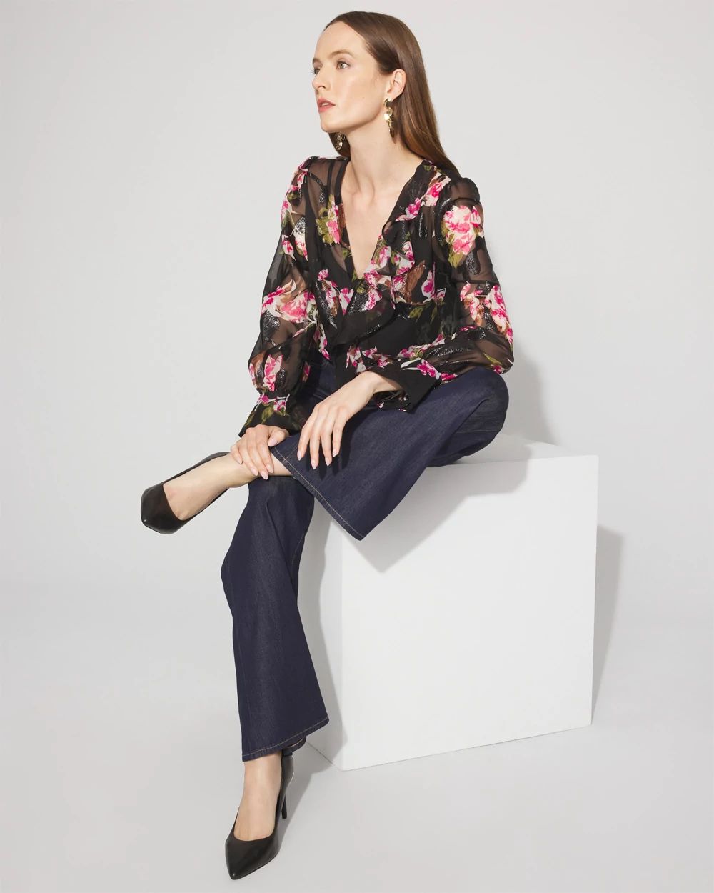 Sheer Metallic Clip Ruffle Blouse