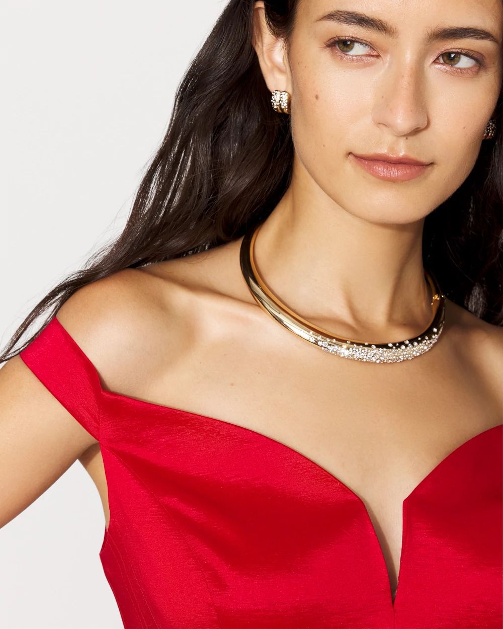 Petite Off-The-Shoulder Stretch Taffeta Midi Dress