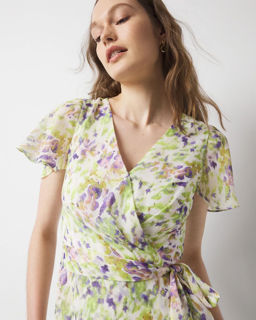 Short Sleeve Flutter Wrap Midi Dress