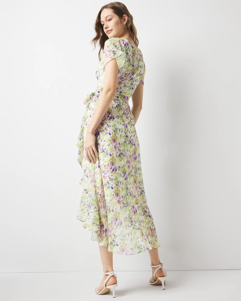 Short Sleeve Flutter Wrap Midi Dress