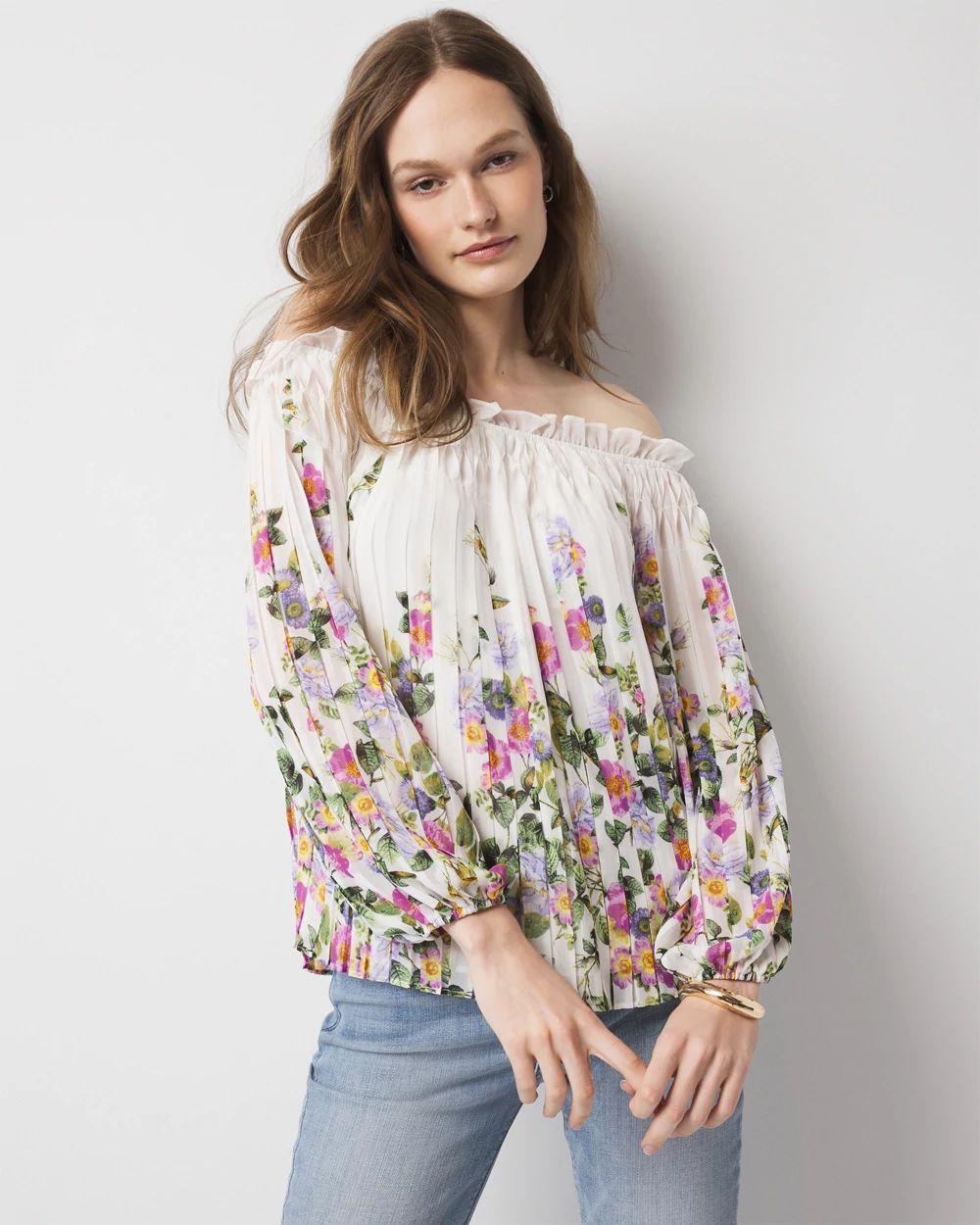 Off-the-Shoulder Floral Pleated Blouse