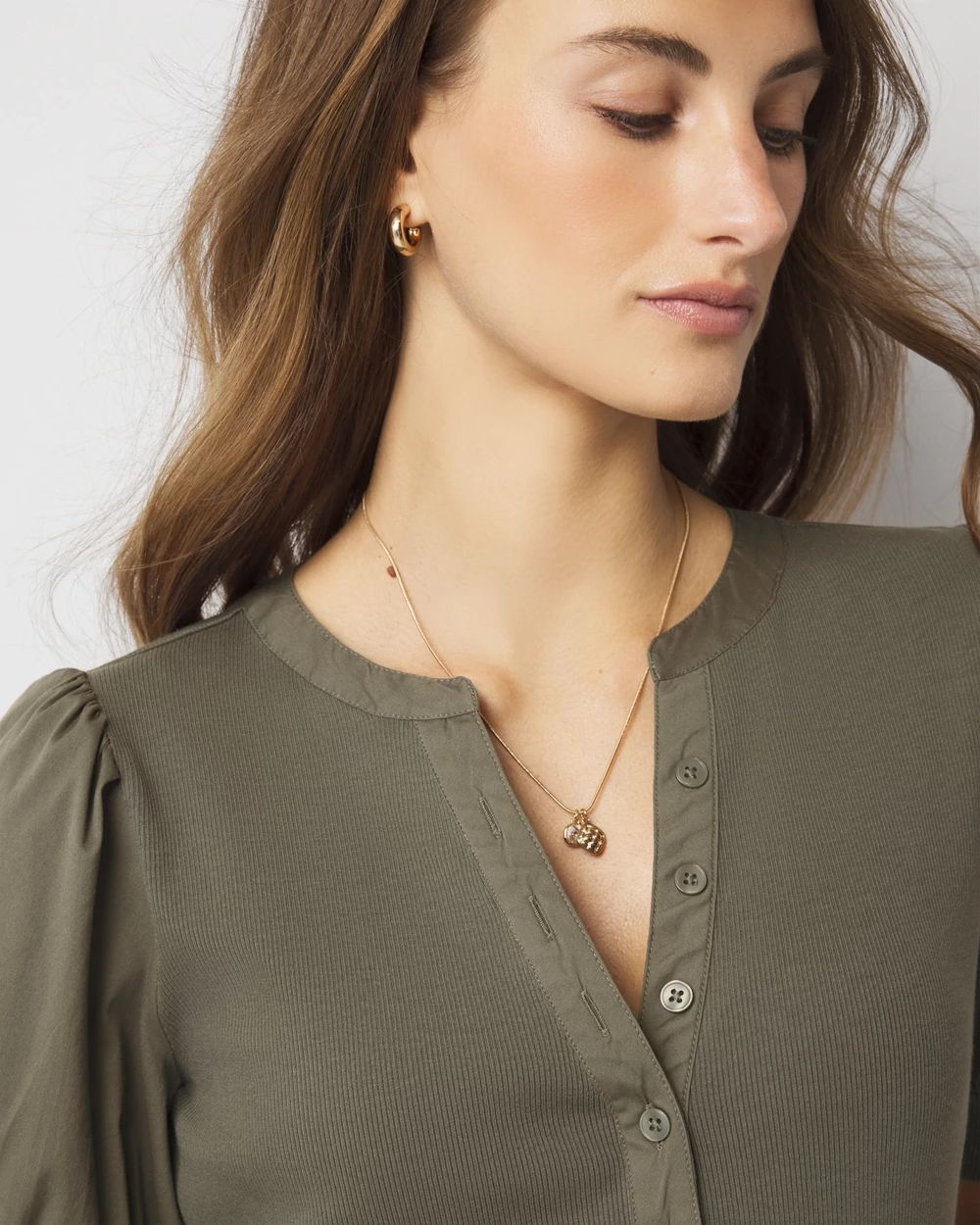 Poplin Puff-Sleeve Henley Top