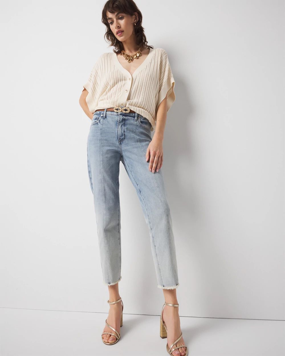 High-Rise Raw Hem Pintuck Straight Jean with Slit