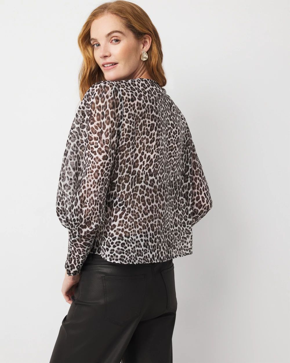 Petite Leopard Jacquard Pleat Sleeve Blouse