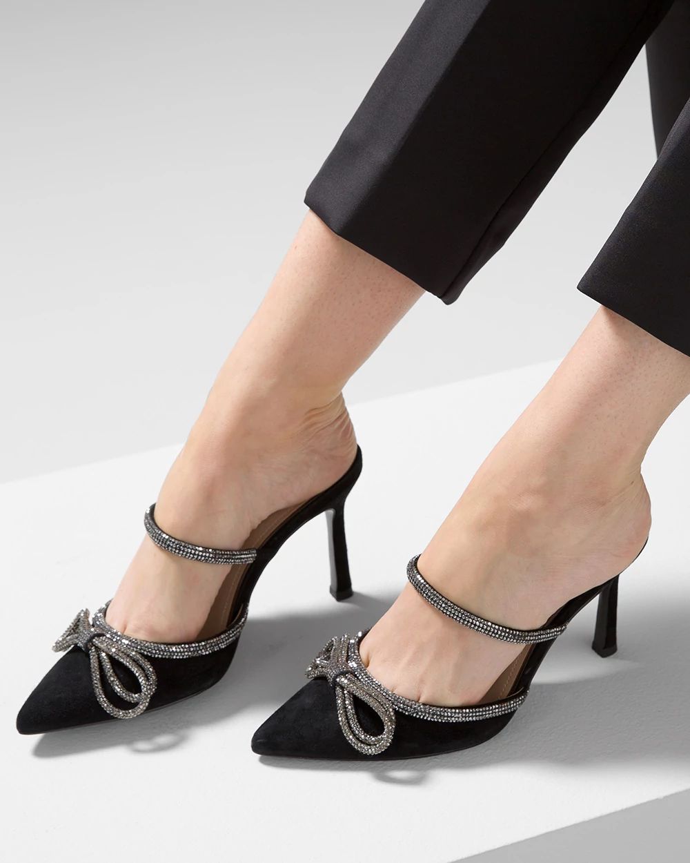 Rhinestone Bow Mid-Heel Mules