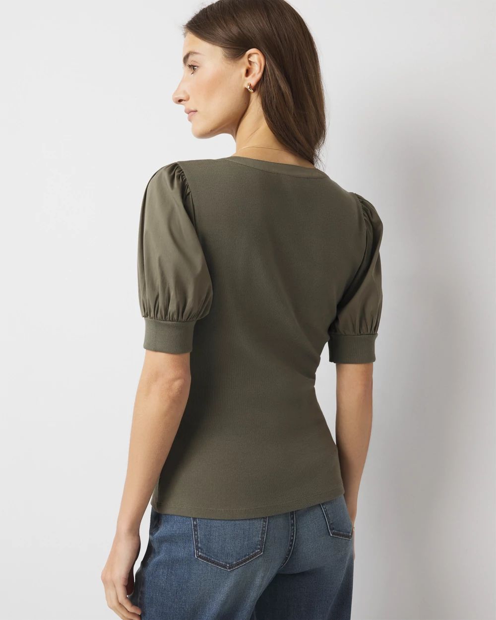 Poplin Puff-Sleeve Henley Top