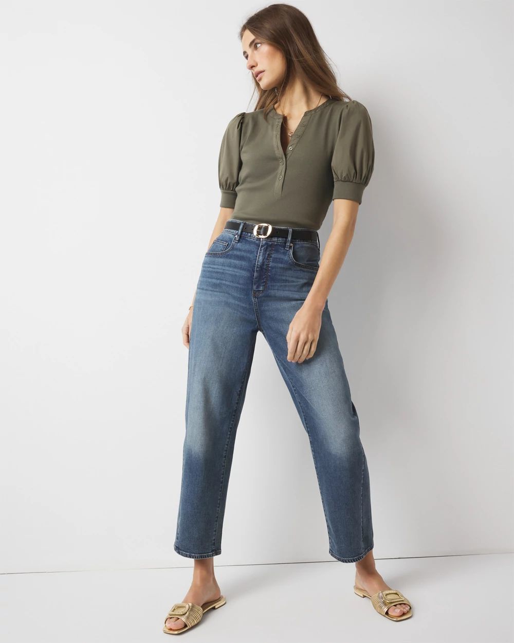 Poplin Puff-Sleeve Henley Top