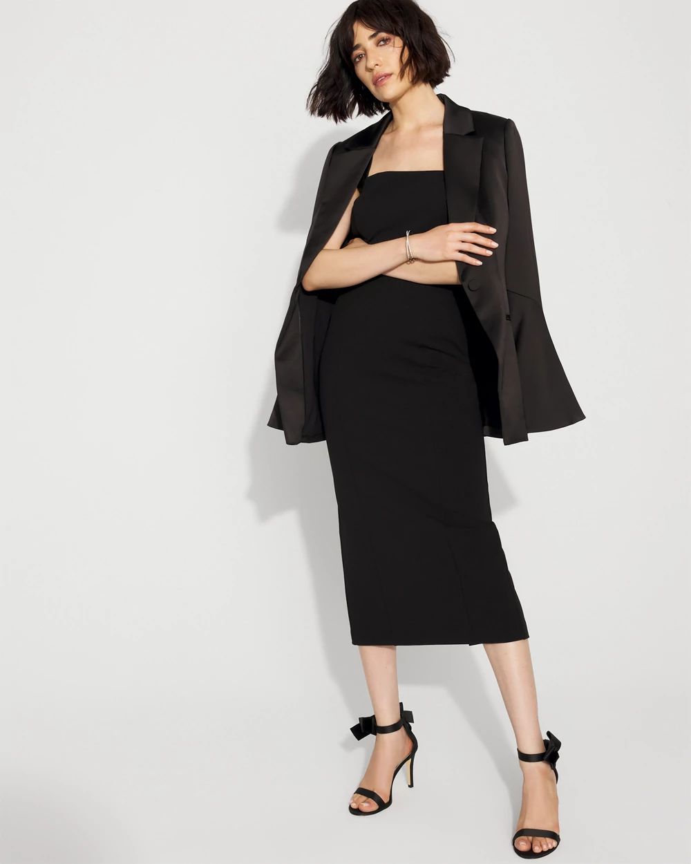 Crepe + Faux Leather Bow Midi Dress