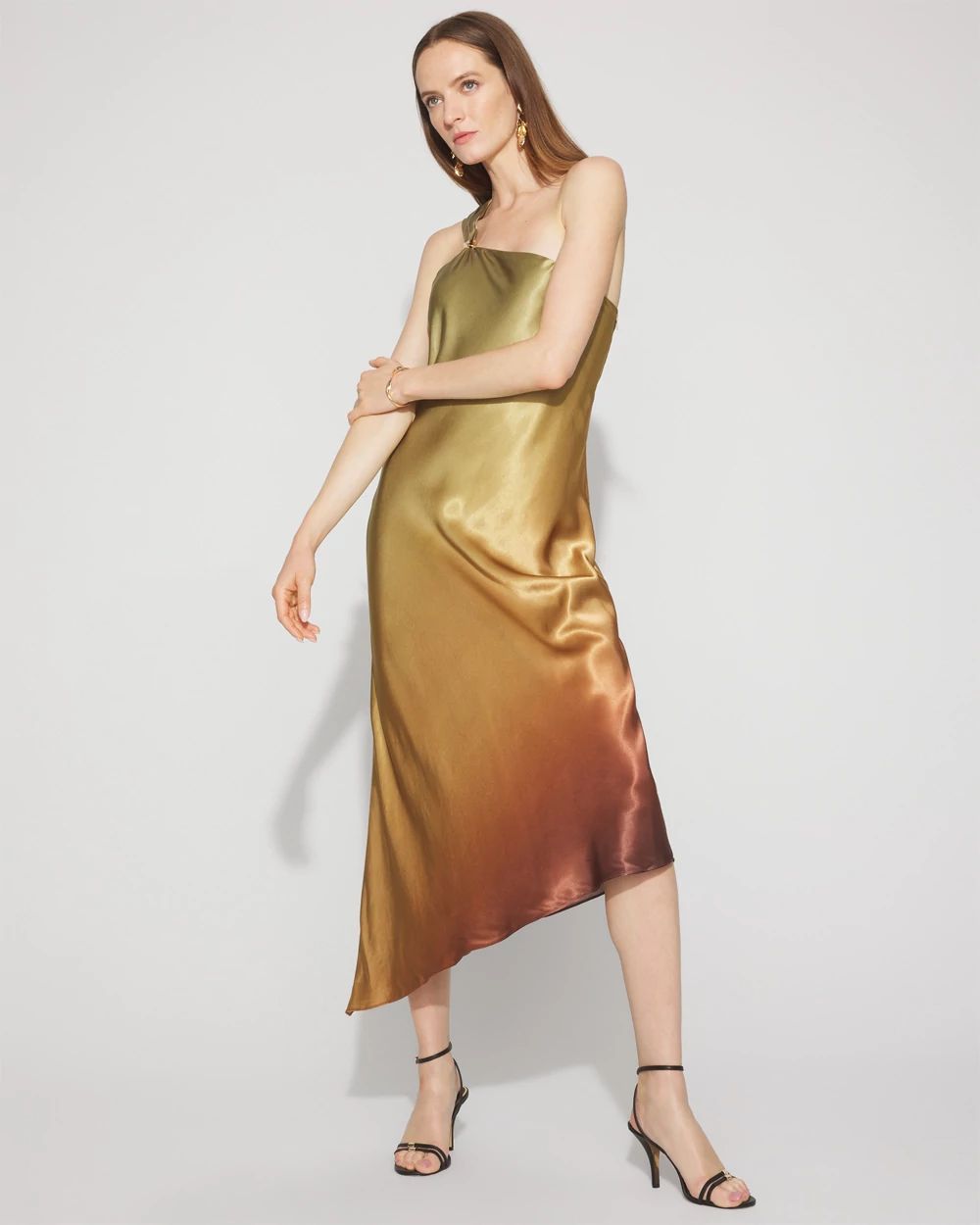 One-Shoulder Ombre Satin Slip Dress