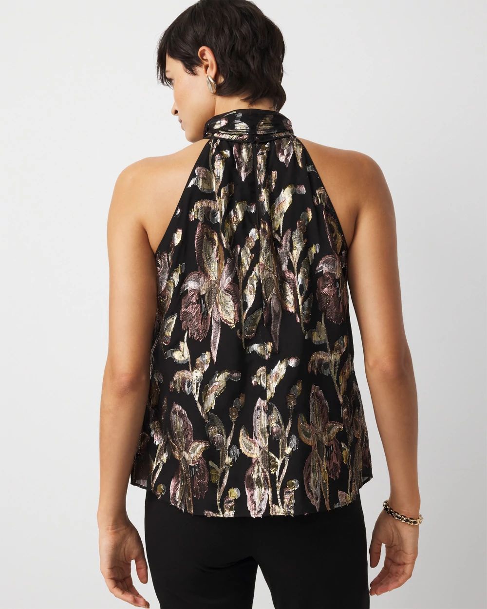 Floral Jacquard Tie-Neck Blouse