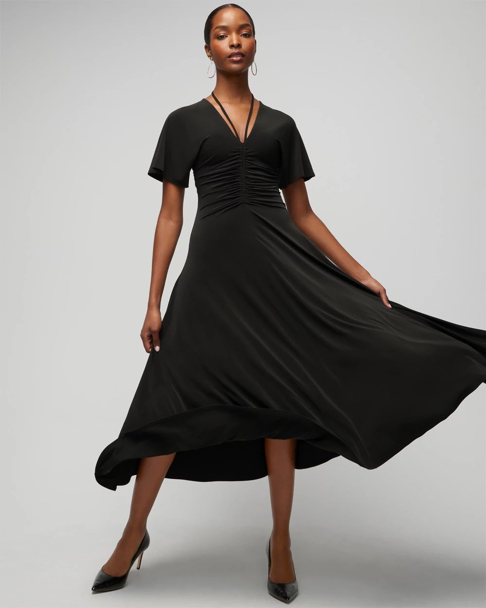 Short-Sleeve Ruched Front Midi Dress