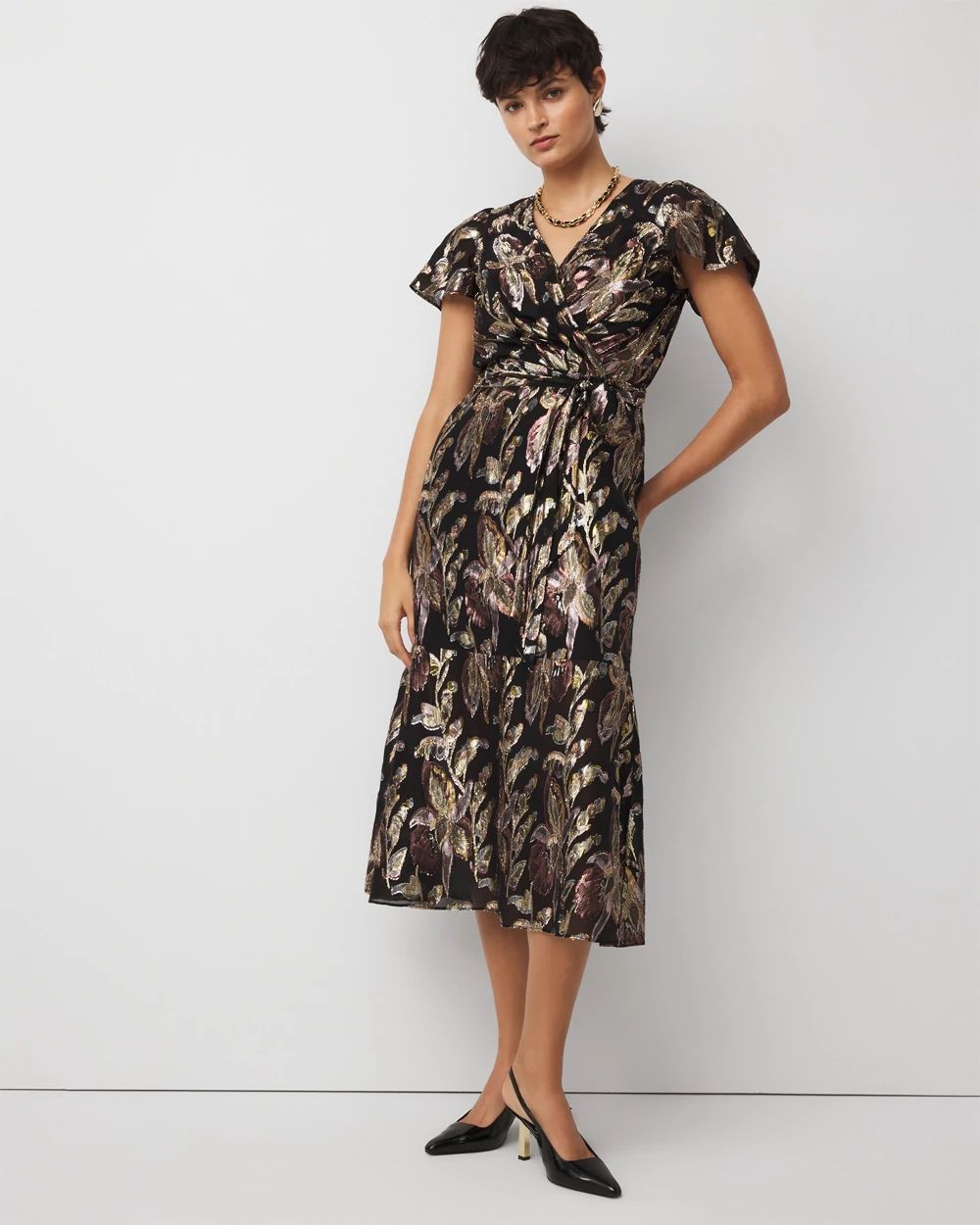 Petite Metallic Floral Surplice Midi Dress