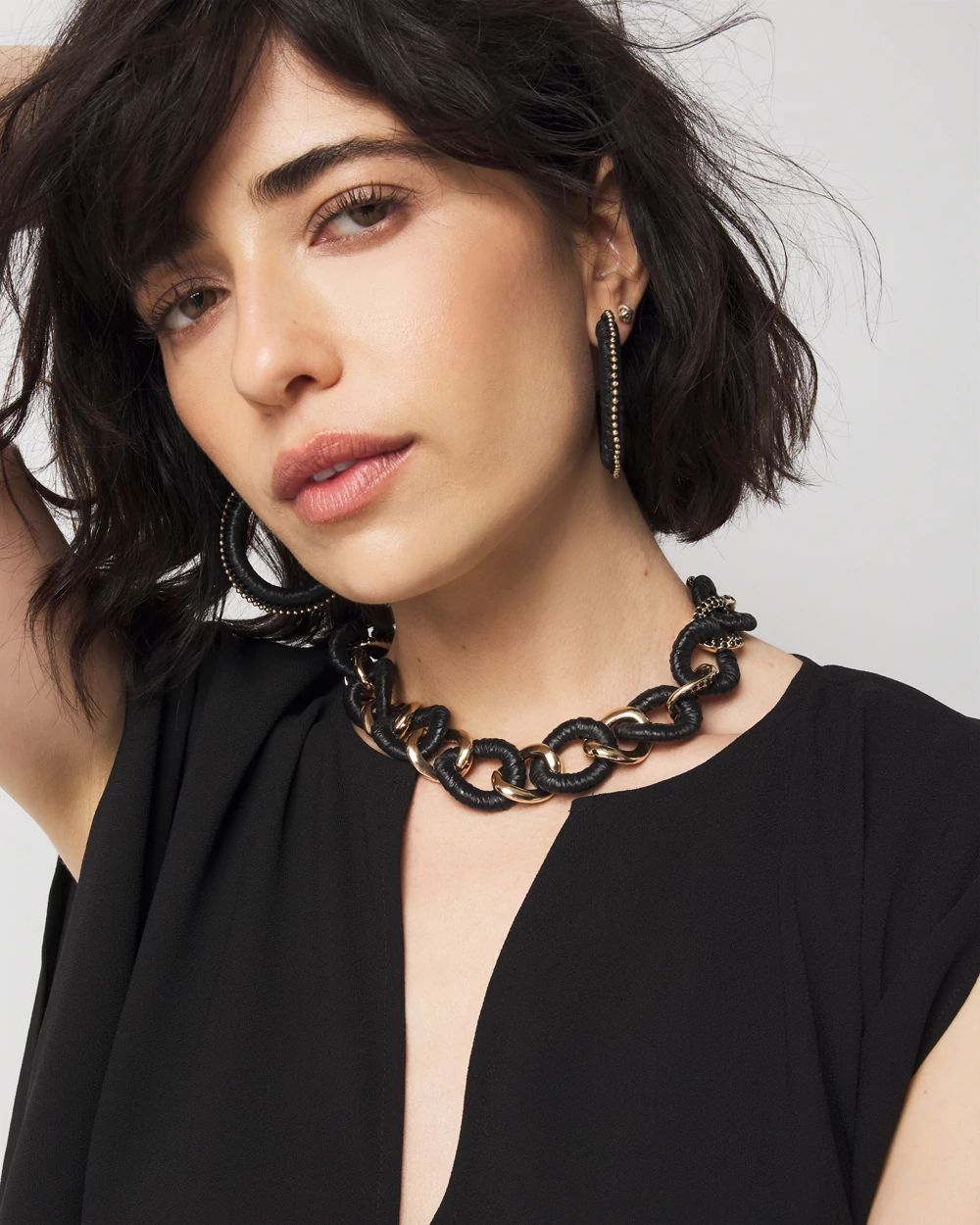 Black Raffia + Crystal Link Necklace