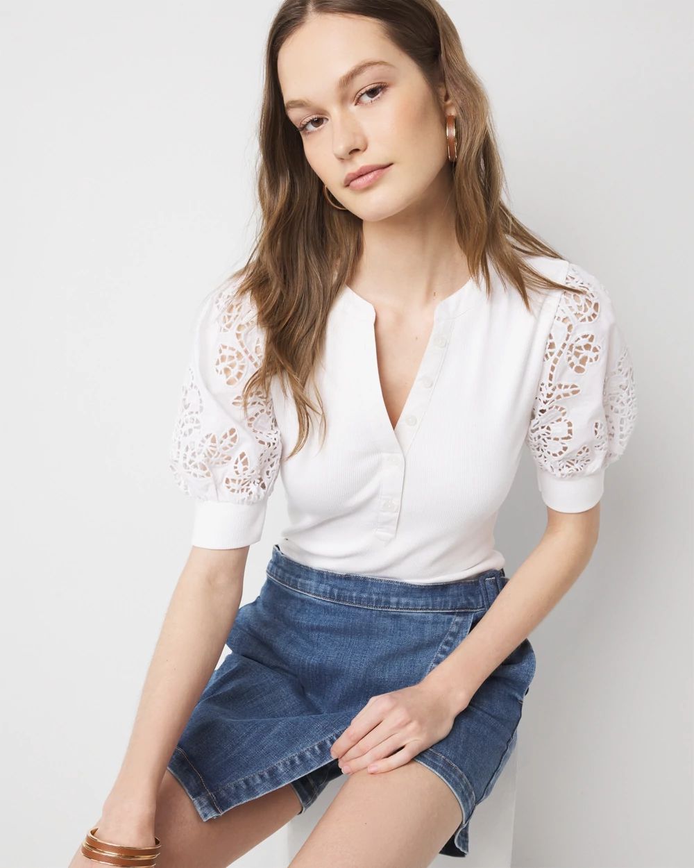 Eyelet Puff Sleeve Henley Top