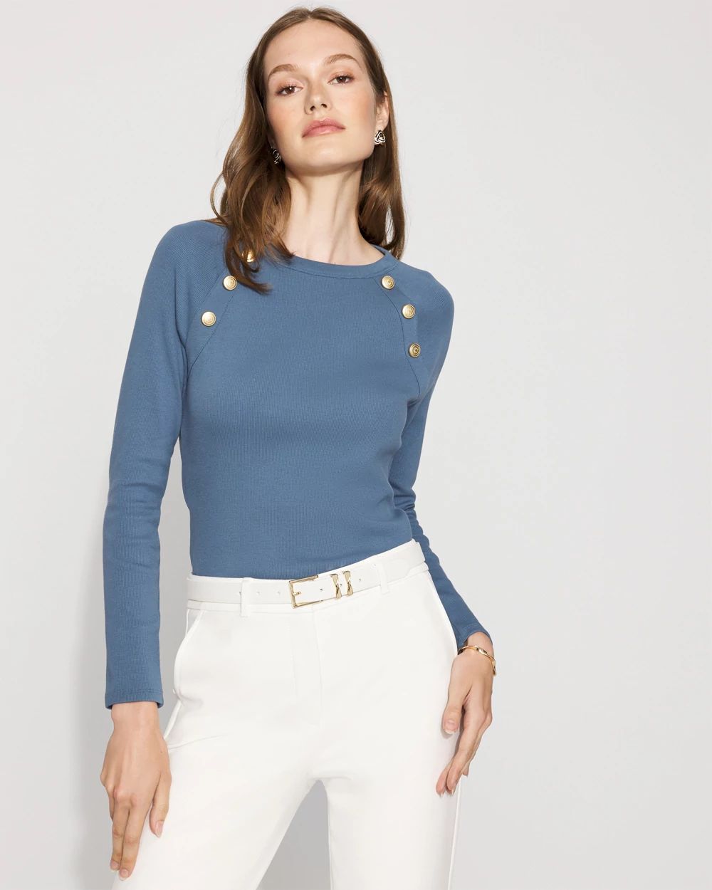 WHBM FORME™ Ribbed Stretch Button Long-Sleeve Tee