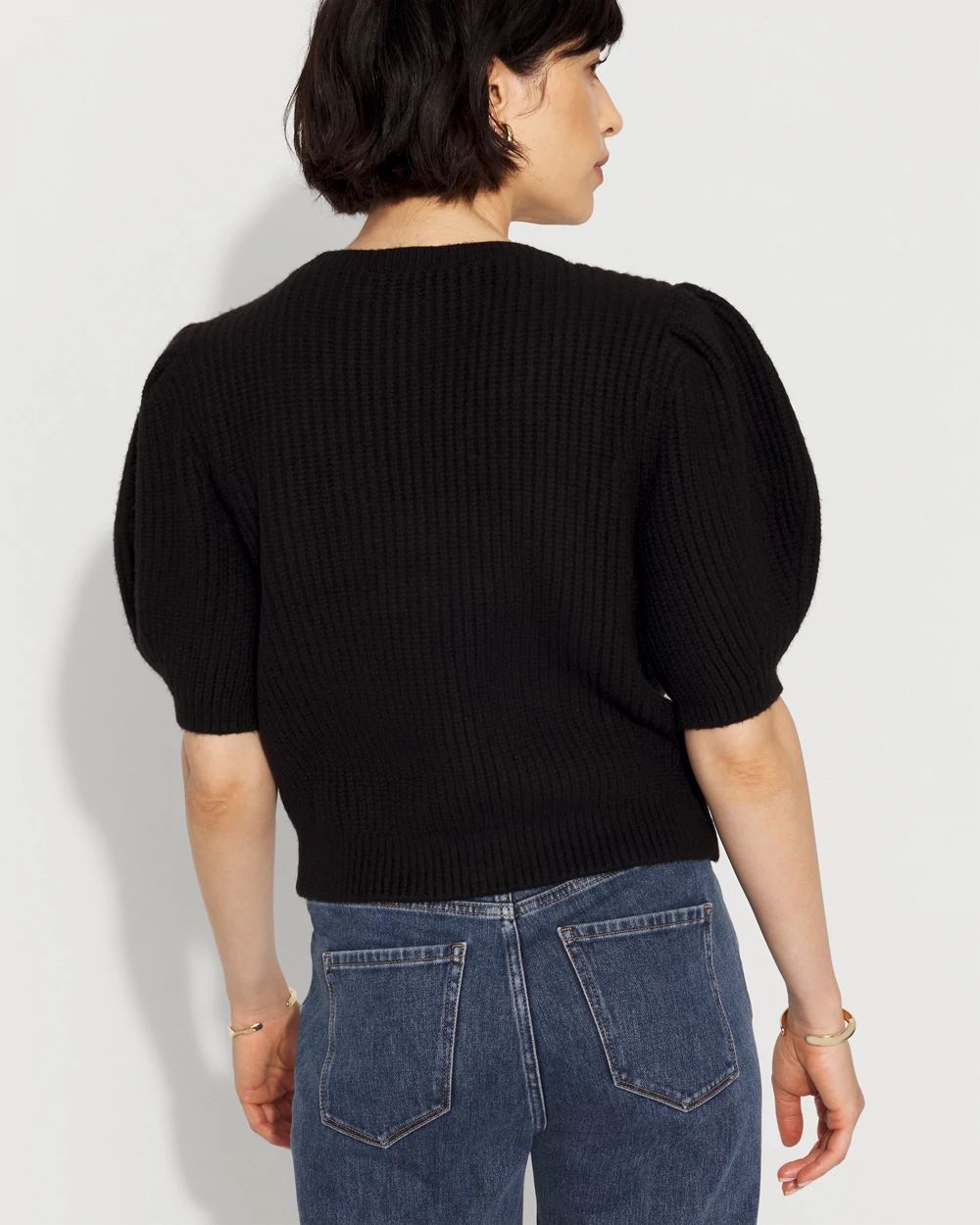 Embellished Puff Sleeve Button-Front Cardigan