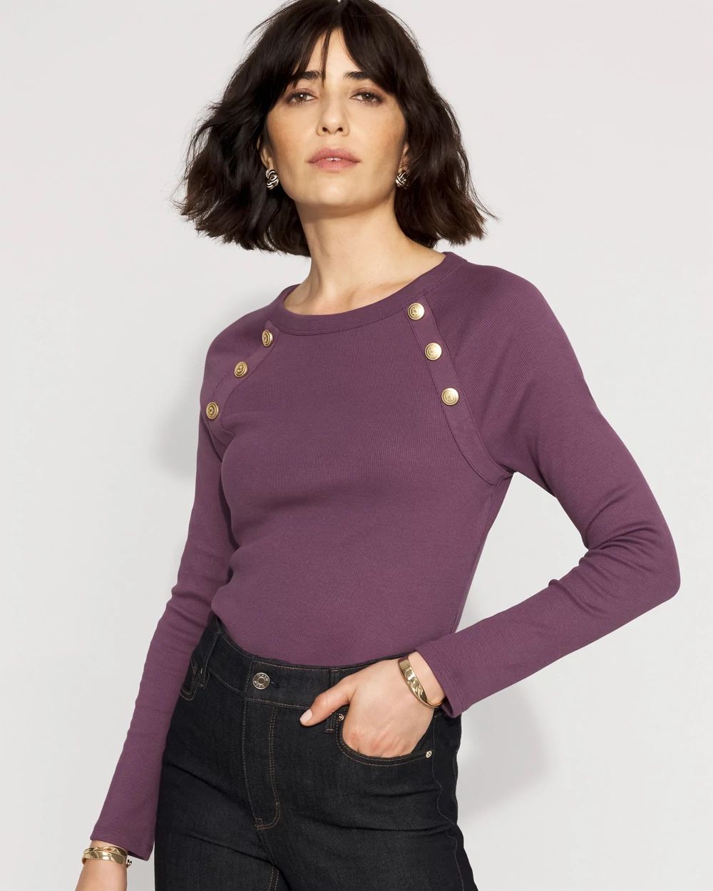 WHBM FORME™ Ribbed Stretch Button Long-Sleeve Tee
