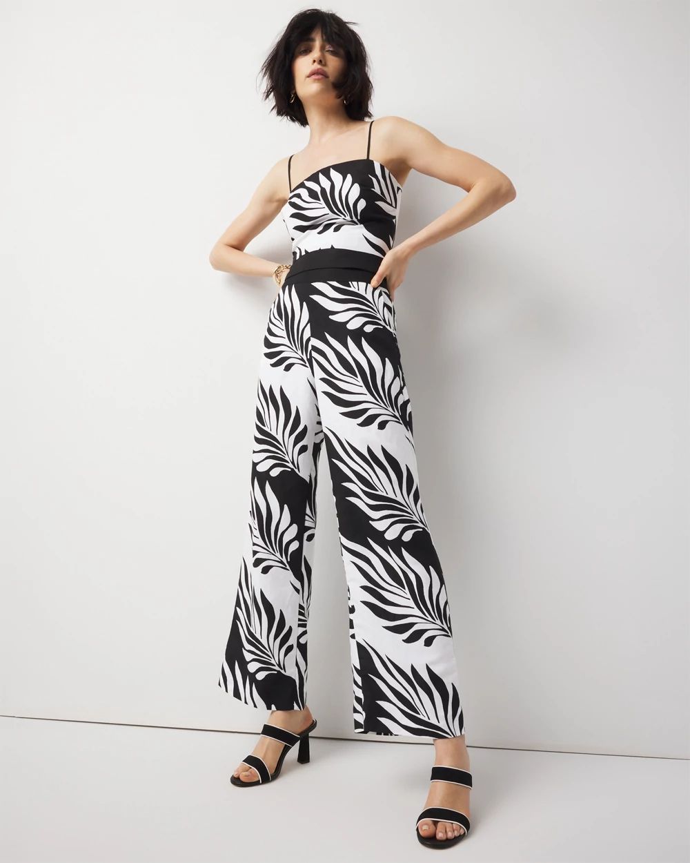 Linen-Blend Palm Print Cropped Wide Leg Pant