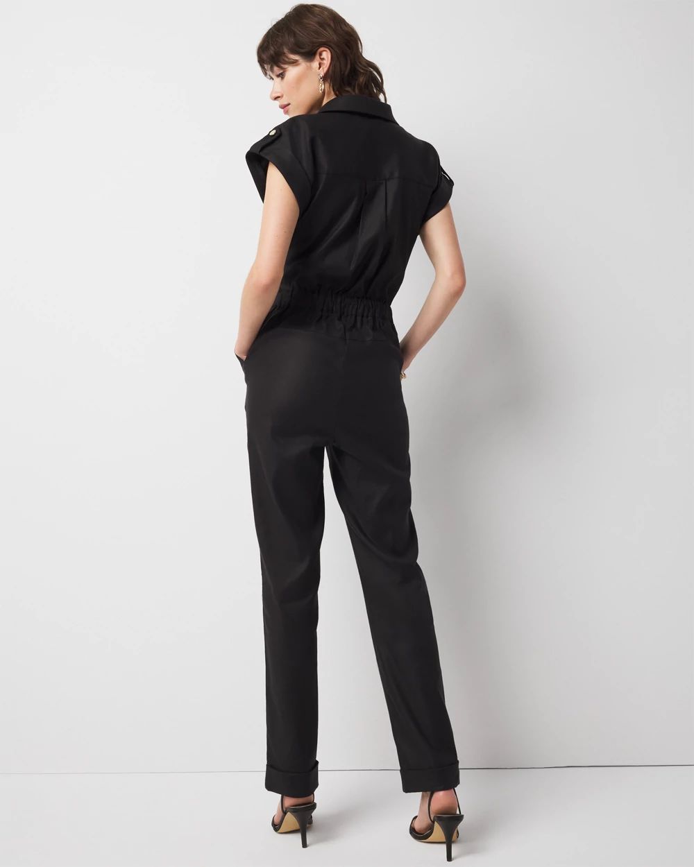 Linen-Blend Short-Sleeve Utility Jumpsuit