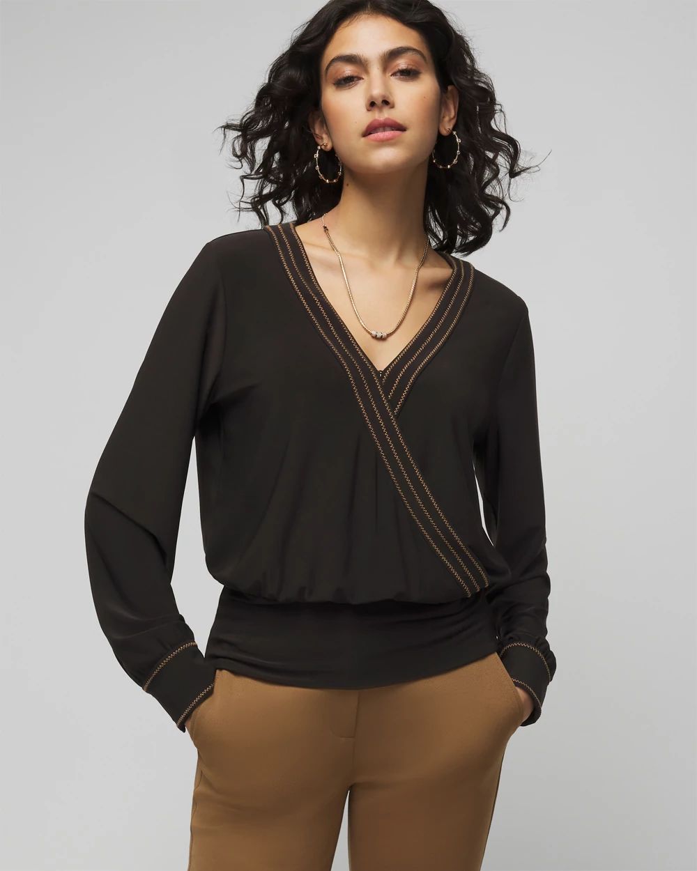 Contrast Stretch Long Sleeve Surplice Top