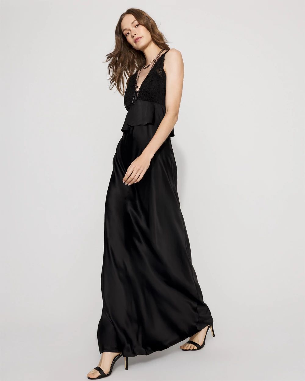 Petite Lace + Satin Peplum Maxi Dress