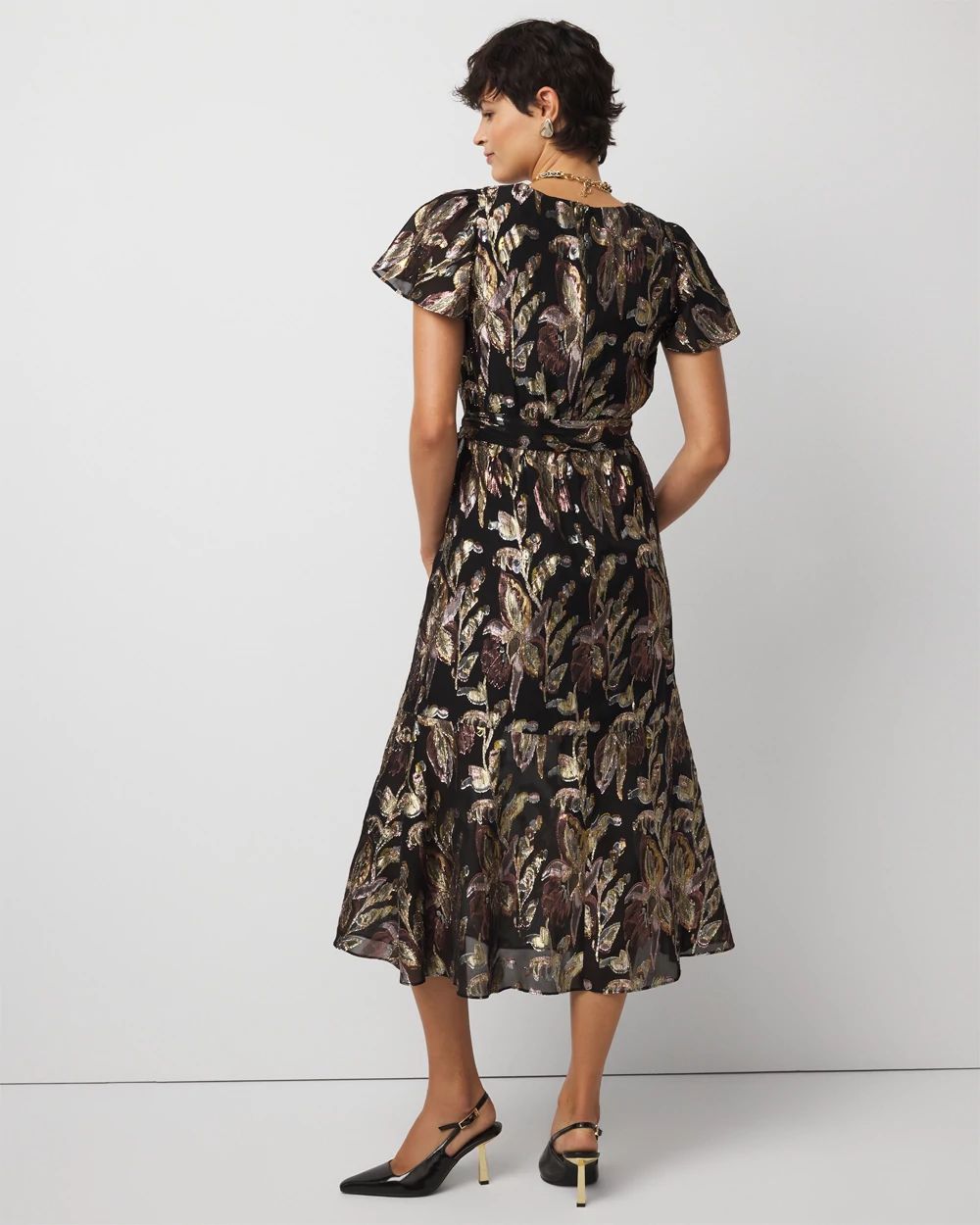 Petite Metallic Floral Surplice Midi Dress