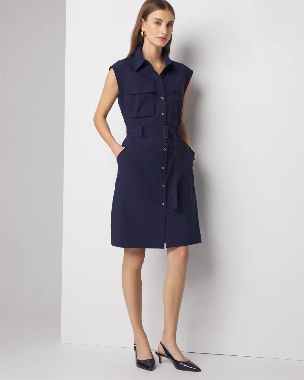 Cap-Sleeve Utility Mini Shirt Dress