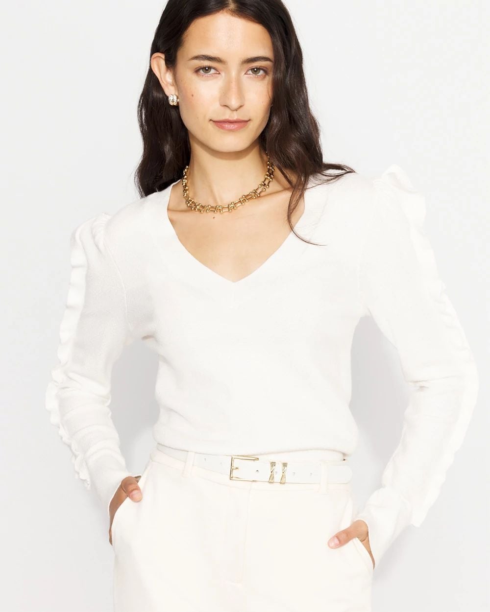 Petite Ruffle Sleeve Pullover Sweater