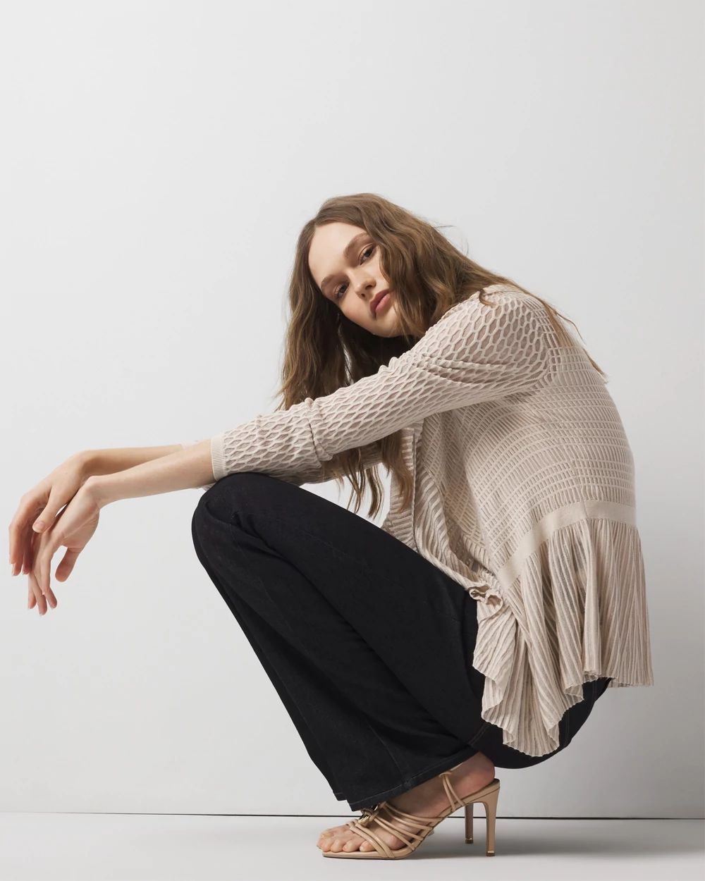 Long Sleeve Pointelle Peplum Sweater Cardigan