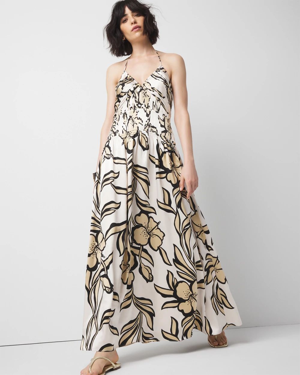Satin Floral Halter Maxi Dress
