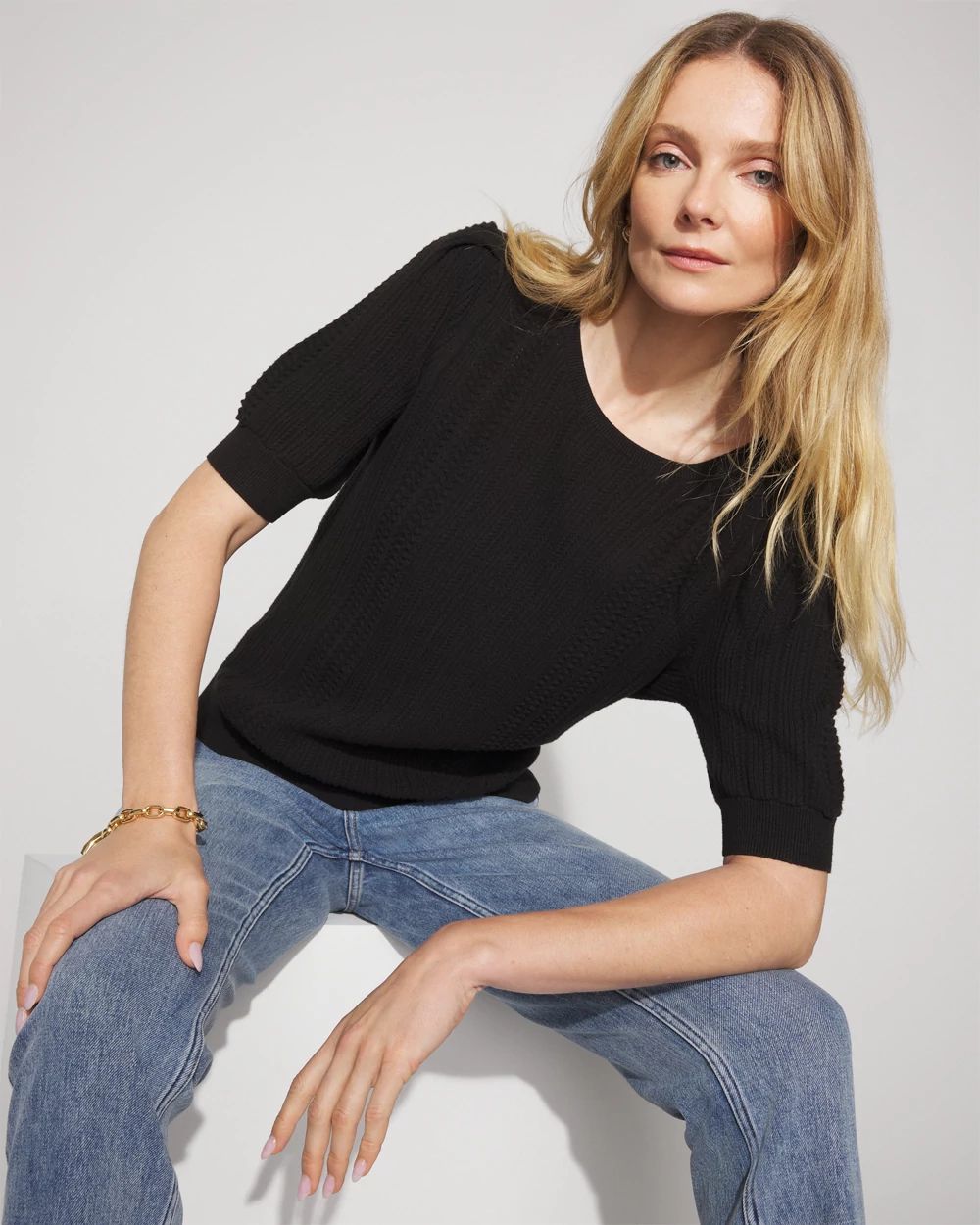 Pointelle Puff Sleeve Sweater