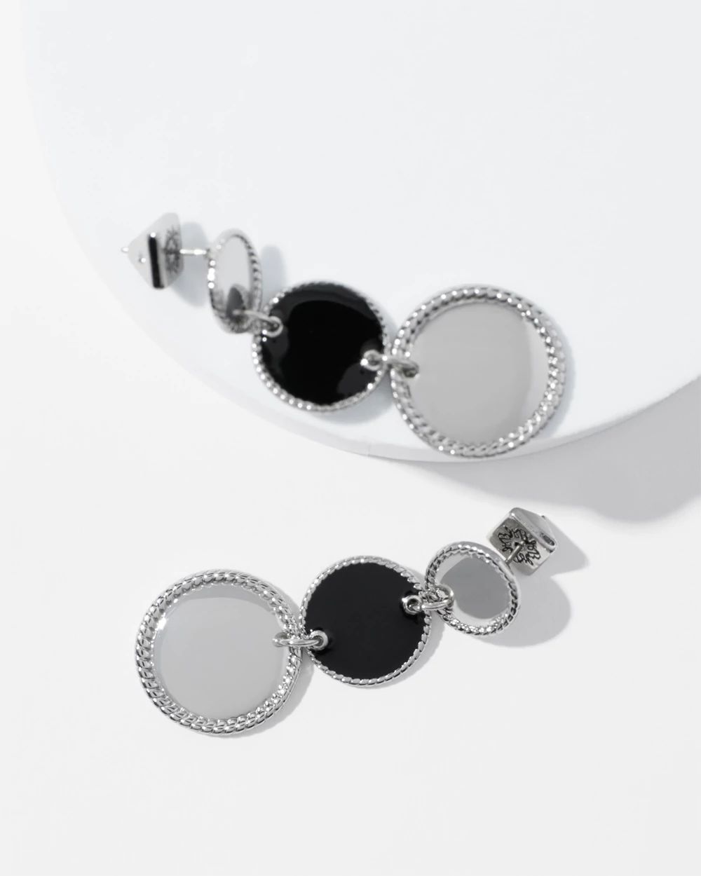 Silver + Black Disc Drop Earrings