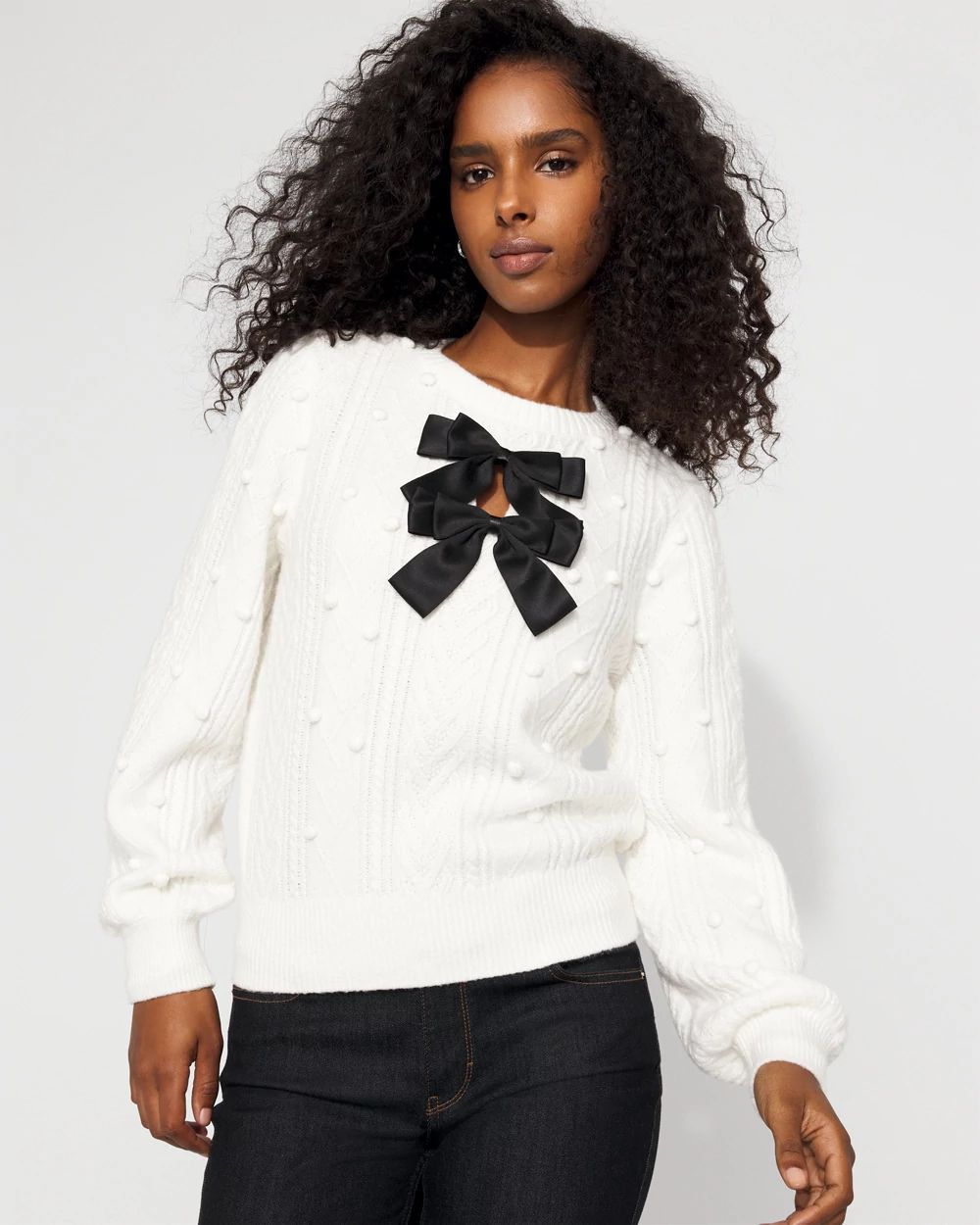 Satin Bow Cable Knit Sweater