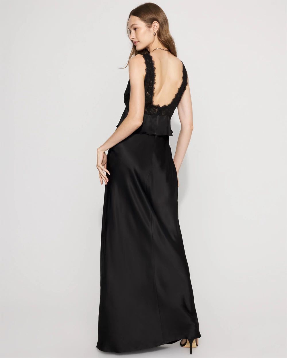 Petite Lace + Satin Peplum Maxi Dress