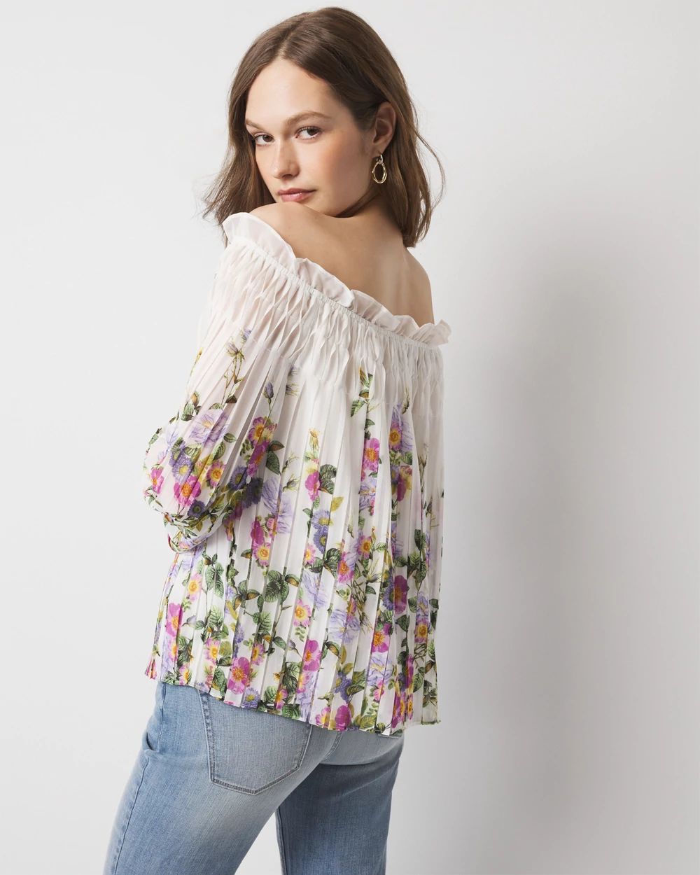Off-the-Shoulder Floral Pleated Blouse