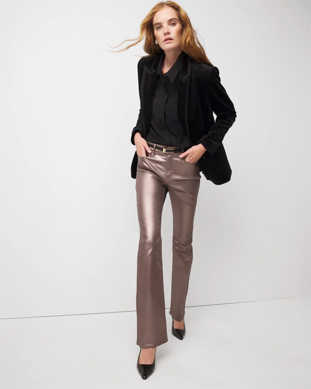 High Rise Metallic Coated Bootcut Jean