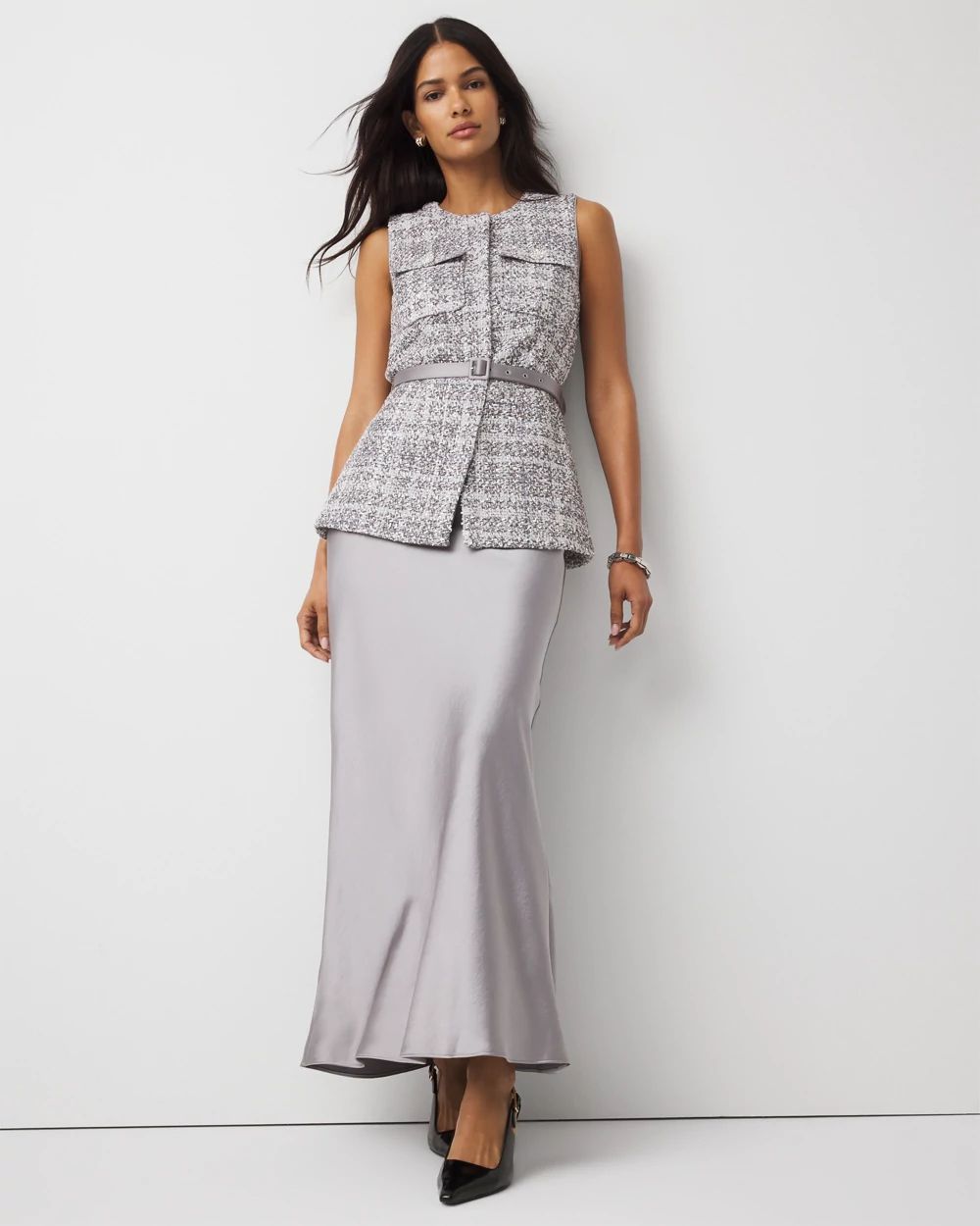 Tweed Vest + Satin Maxi Skirt