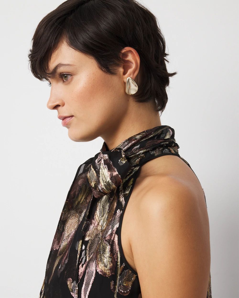 Floral Jacquard Tie-Neck Blouse