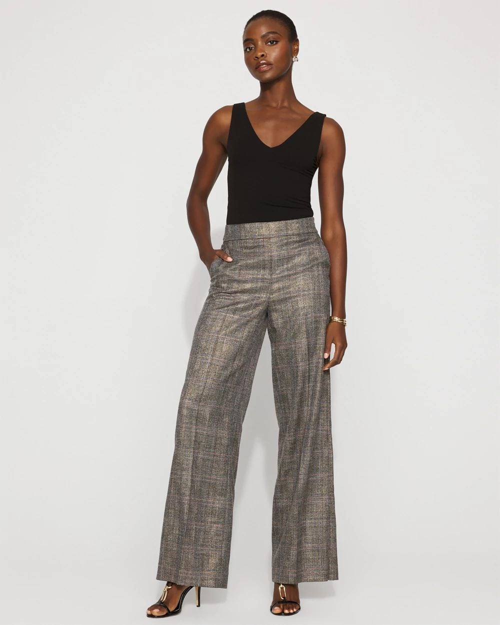 Metallic Plaid Wide Leg Pant