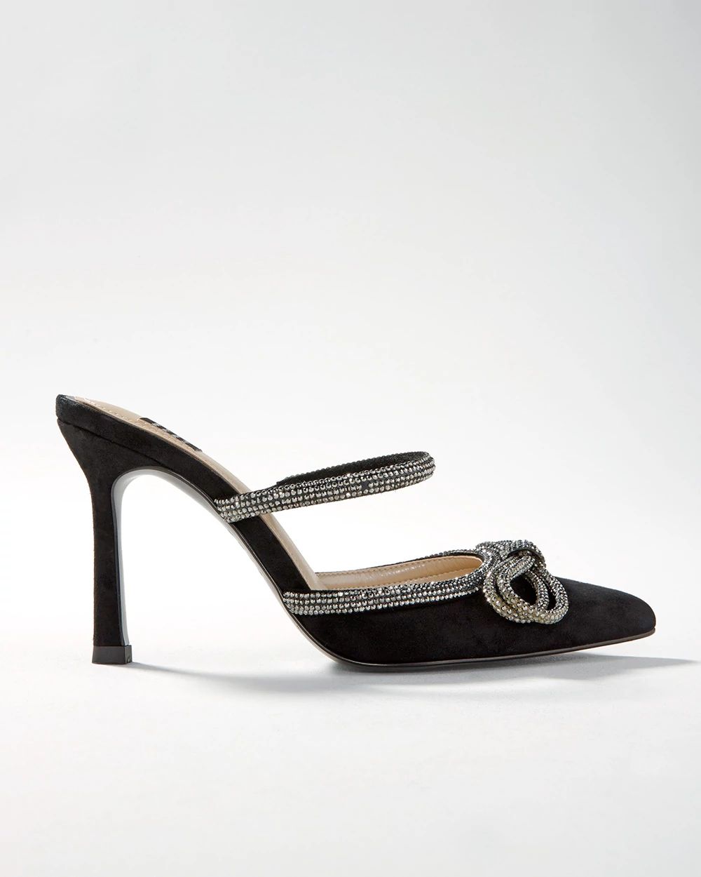 Rhinestone Bow Mid-Heel Mules