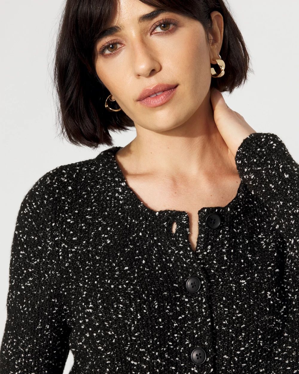 Metallic Tweed Button-Front Cardigan