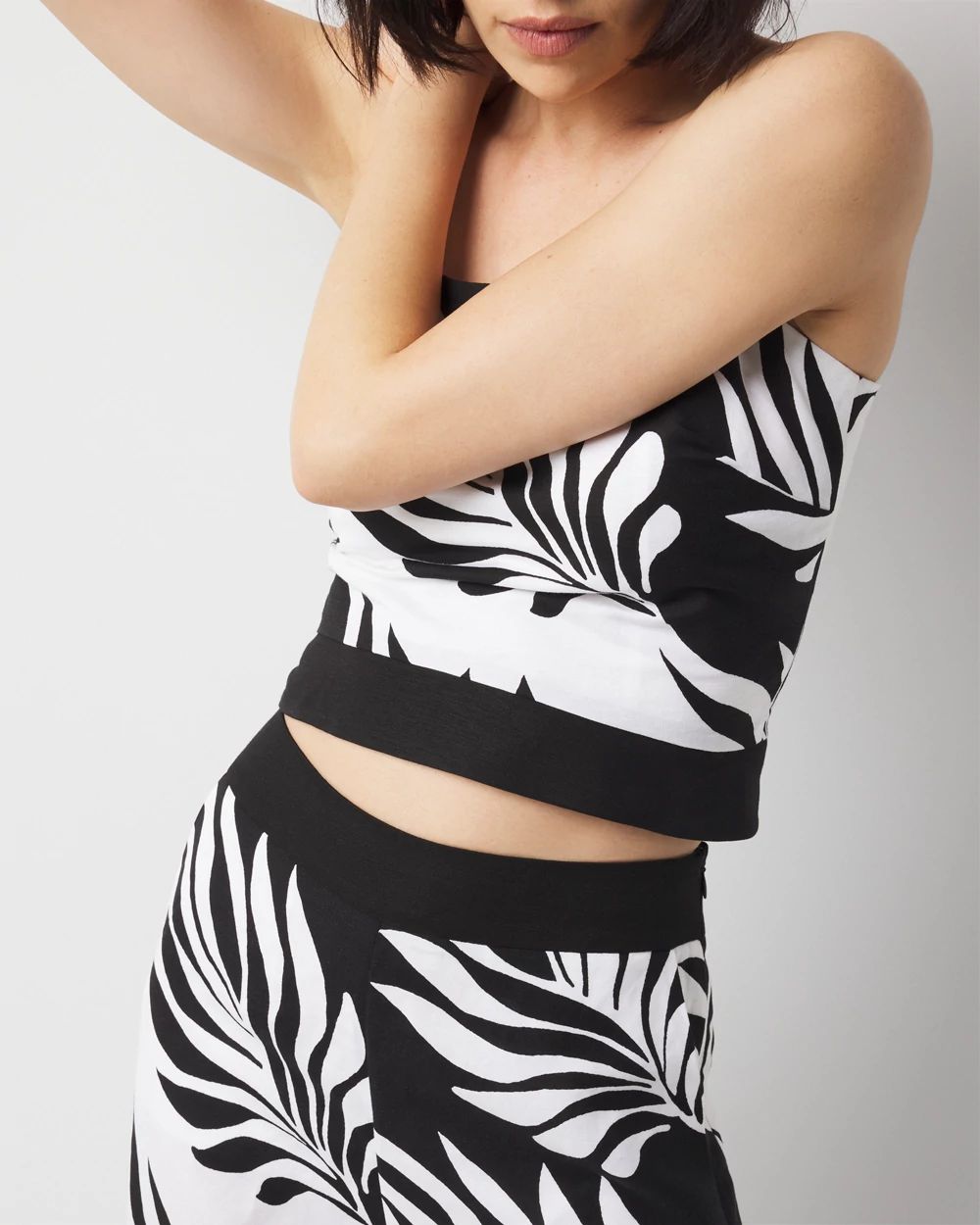 Linen-Blend Palm Print Cropped Wide Leg Pant