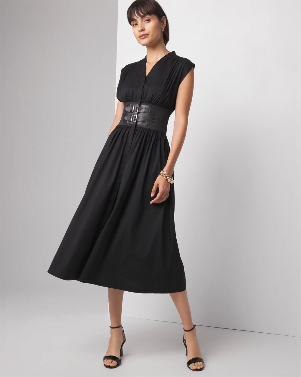 Cap Sleeve Belted Poplin Midi Dress