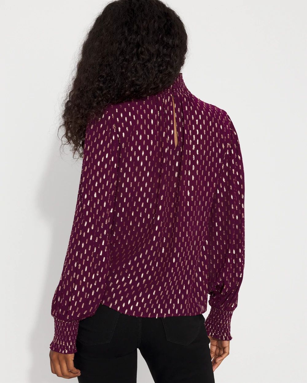 Jacquard + Gold Clip Mock Neck Blouse