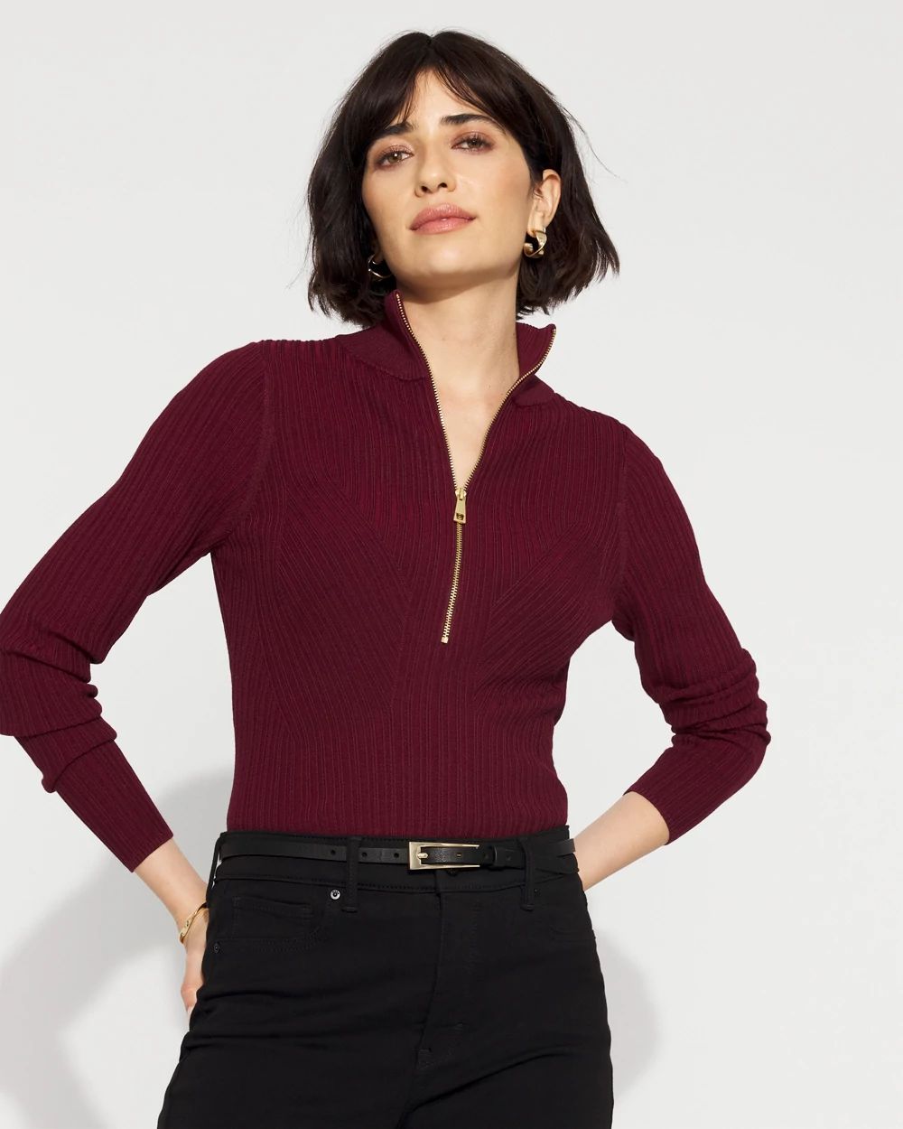 Rib Knit Half-Zip Mock Neck Sweater